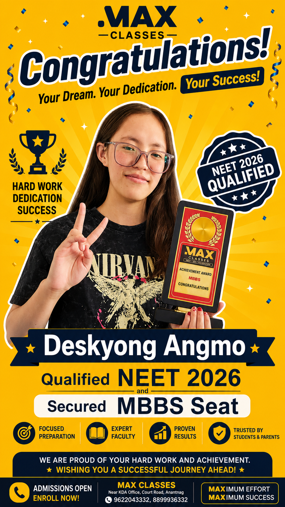 Deskyong Angmo — MBBS PGIMS Rohtak & GMC Srinagar, NEET 2026, Max Classes student