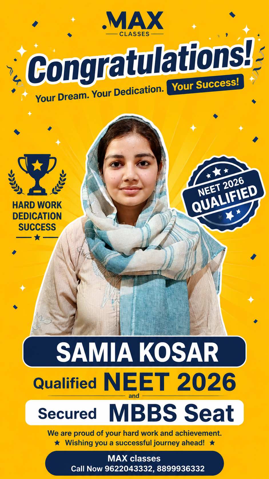 Samia Kosar — MBBS GMC Jammu, NEET 2026, 1st attempt, Max Classes student